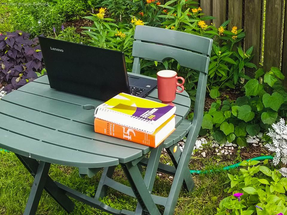 Communications specialist Chantal Cough-Schulze's outdoor office in her backyard.